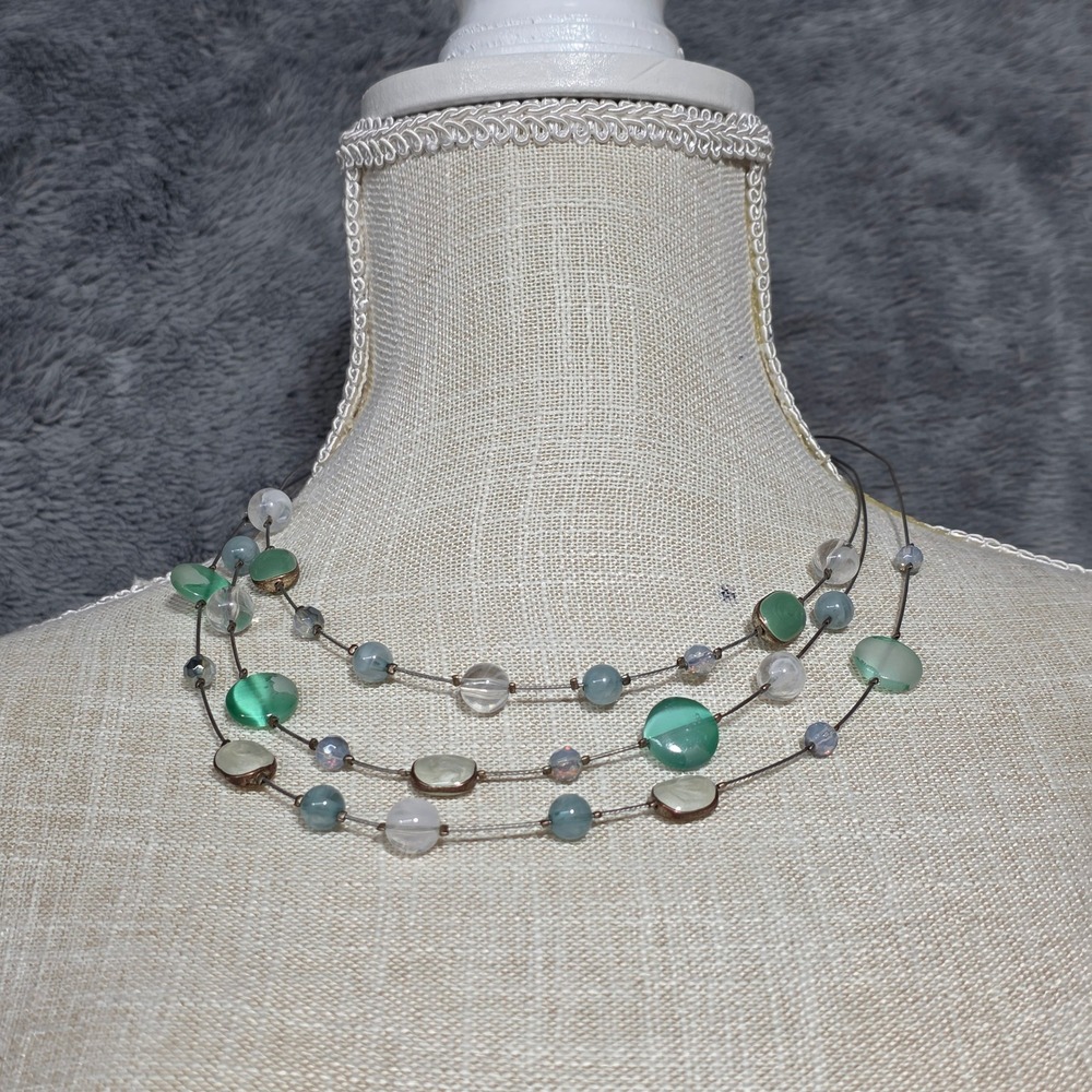 Beaded Layered Necklace Green White Blue Fashion Jewelry